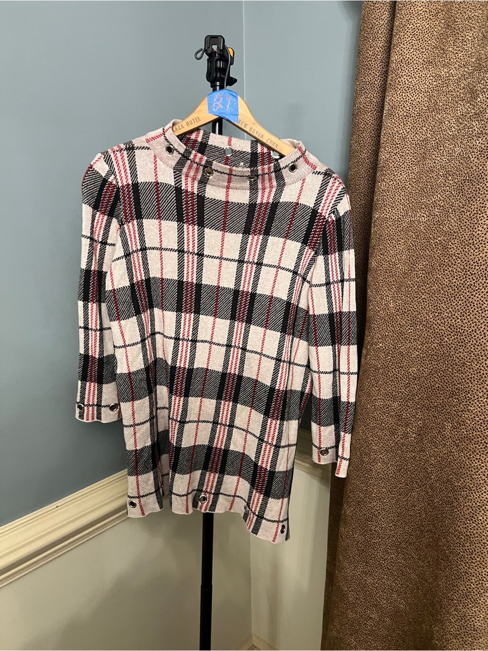 Belldini Cream Black Red Plaid Knit Top